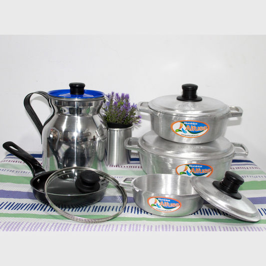Trío de Calderos + Jarra y Sartén en Aluminio Fundido