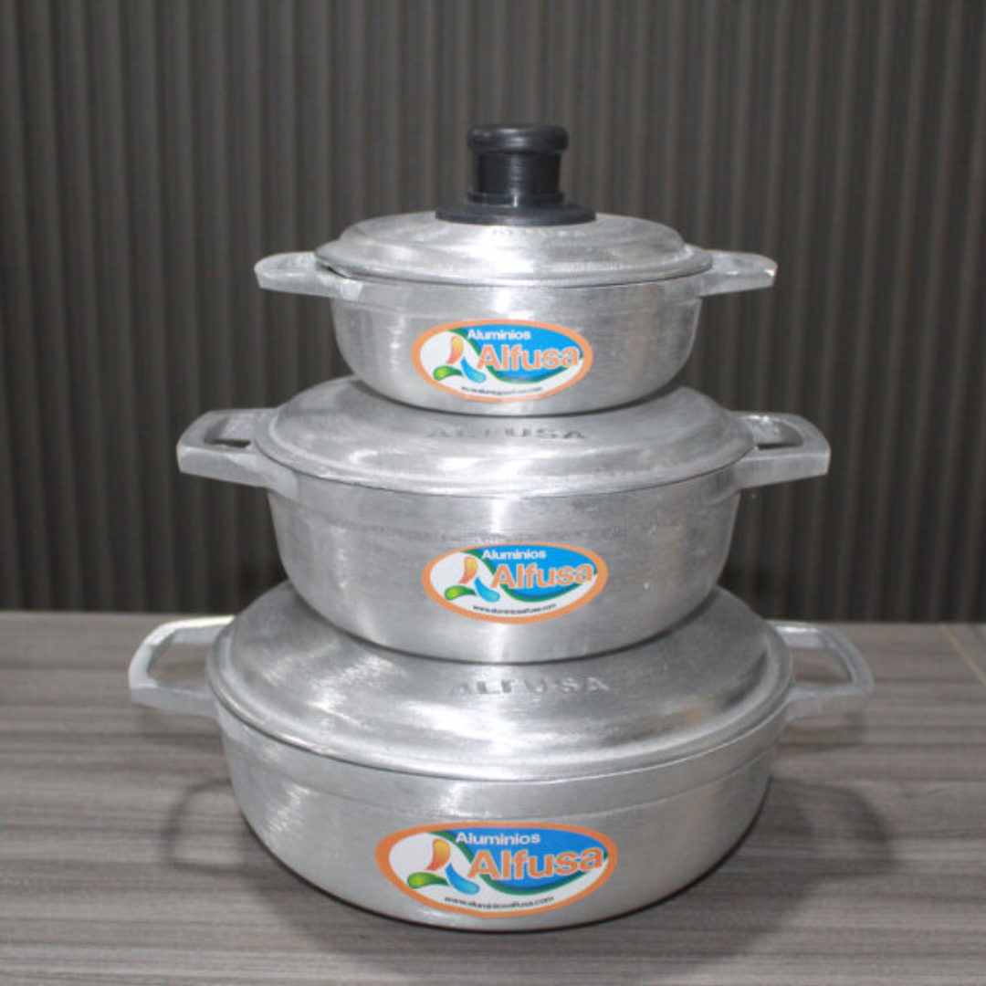 Trío de Calderos + Jarra y Sartén en Aluminio Fundido