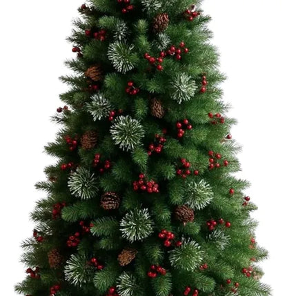 Árbol de Navidad Decorado con Piñas y Cerezas – 210 cm (1400 Ramas)