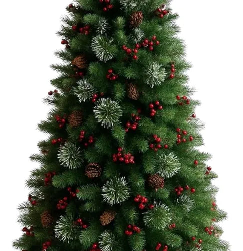 Árbol de Navidad Decorado con Piñas y Cerezas – 210 cm (1400 Ramas)