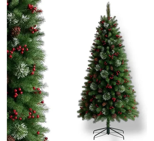 Árbol de Navidad Decorado con Piñas y Cerezas – 210 cm (1400 Ramas)
